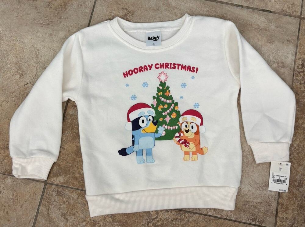 Bluey Bingo Christmas Sweatshirt Toddler 4T Hooray Christmas White NWT